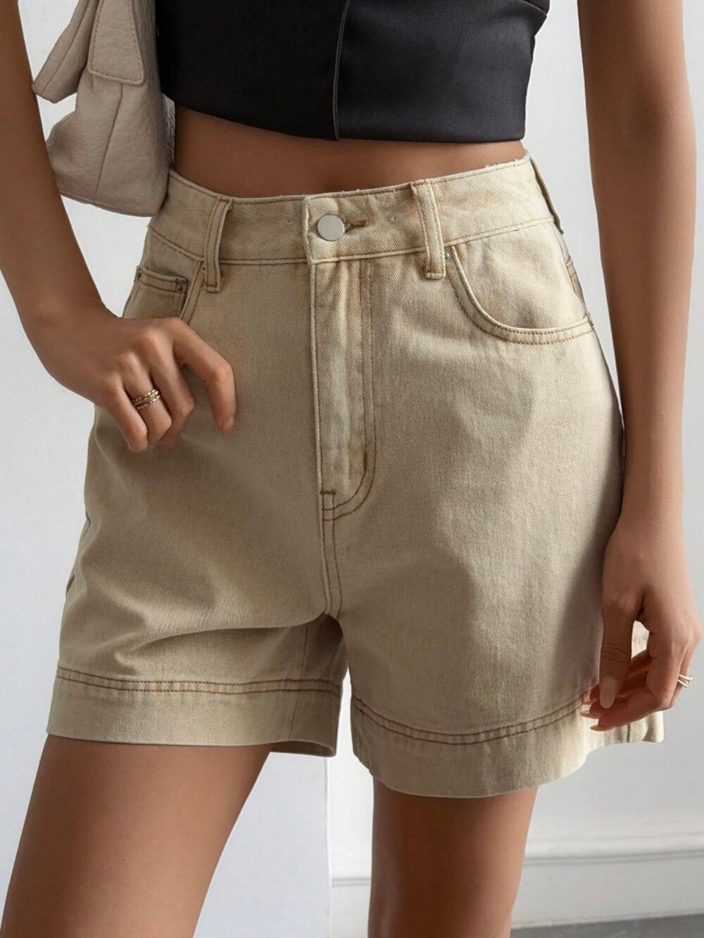Khaki Casual Women's High Waist Denim Jorts - Picture 5 of 7